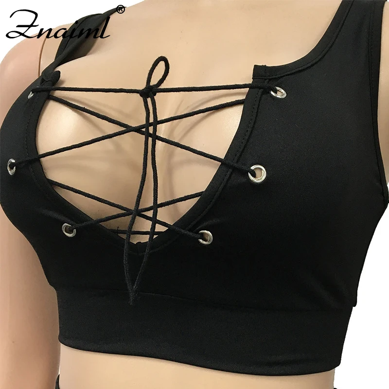 

Znaiml Casual 2 Piece Set For Women V-Neck Lace Up Sleeveless Tops And Hollow Out Skinny Pencil Trousers Sporty Matching Sets