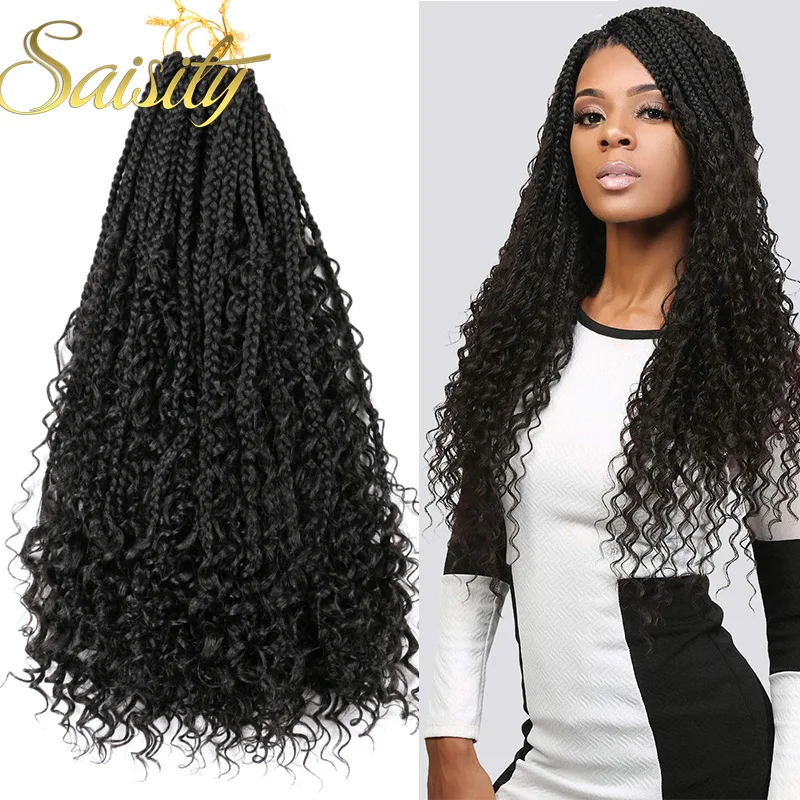 

Saisity Ombre Color Messy Long Goddess Braids HairSynthetic Extensions Bohemian Goddess Box Braids with Curls At The Ends Hair