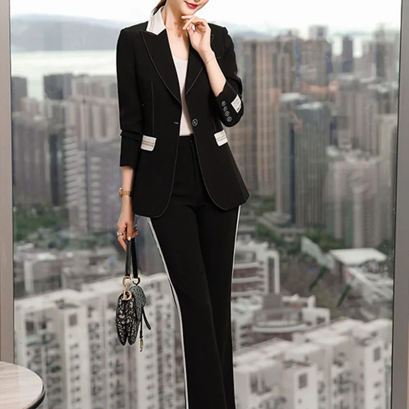 

Two Piece Ladies Women's Autumn Pant Suit Slim White Coat For Female Black Jacket Oversize Elegant Casual Fashion Office Clothes