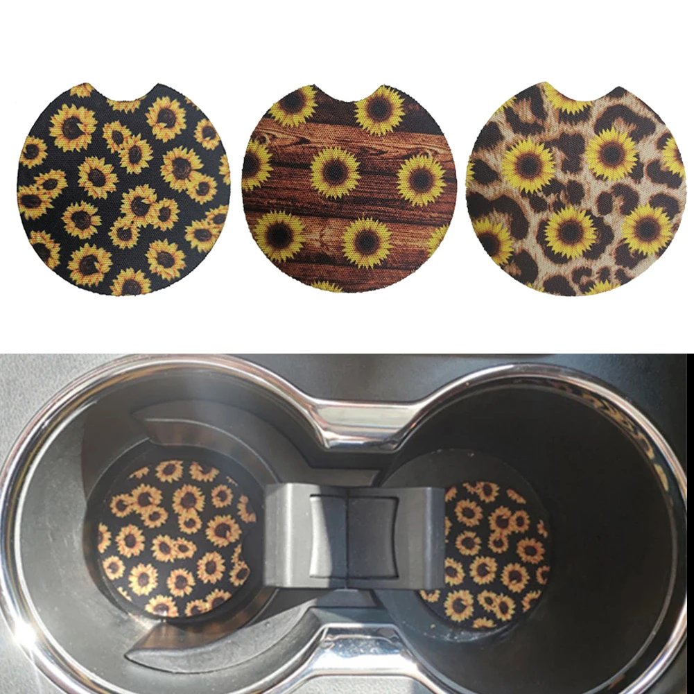 

2PCS Car Coaster Water Cup Bottle Holder Neoprene Waterproof Anti Slip Pad Leopard Pattern Car Interior Decoration