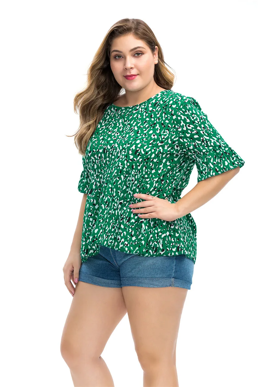 6XL размера плюс, женская летняя блузка с круглым вырезом, оборками, рукавом до локтя, леопардовая расцветка, Повседневная Блузка, рубашка, большой размер, Женская туника, топы