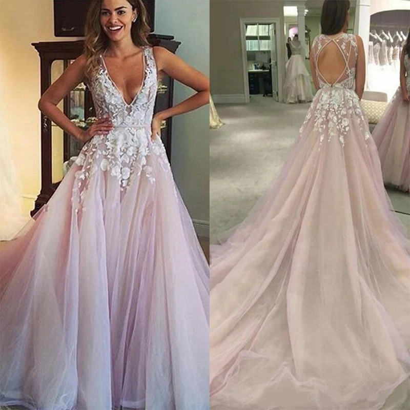 

Sexy V Neck Backless Lace Prom Dress Fashion A-Line Tulle Appliques Court Train Vestido De Noiva Elegant Evening Gowns