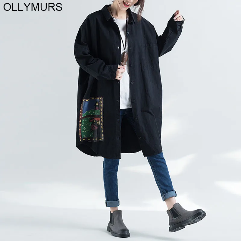 2019 New Women Plus Size Cartoon Print Shirt Blouse Cotton Oversize Batwing Vintage Long Cardigan Roupa Feminin 6XL | Женская одежда