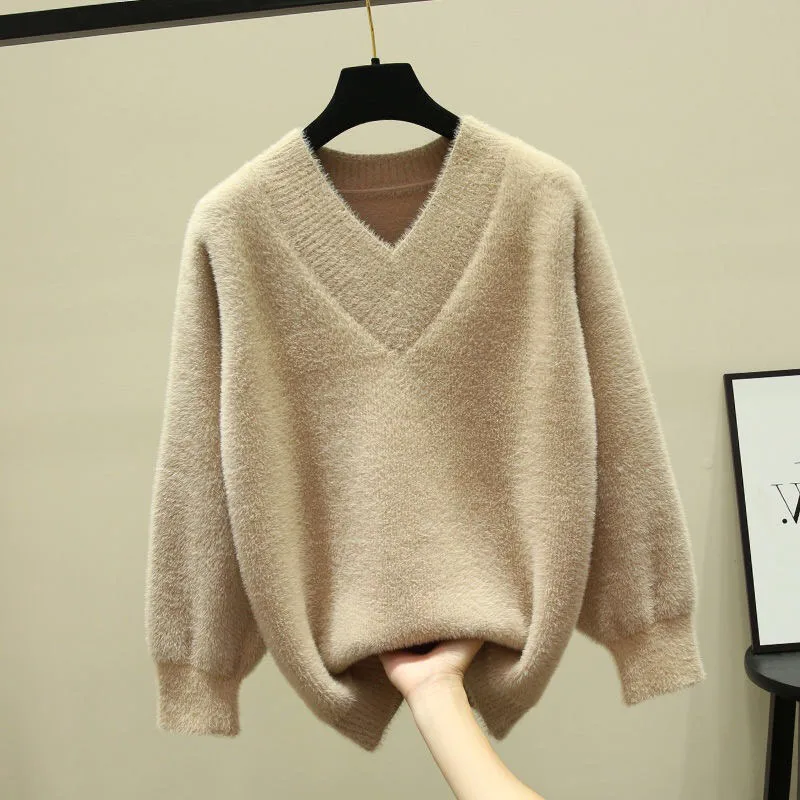 Pink Sweater Women Winter Sexy V-neck Long Sleeve Pullovers Big Size Oversized Knitted Sweaters Thicken Warm Tops White Khaki enlarge