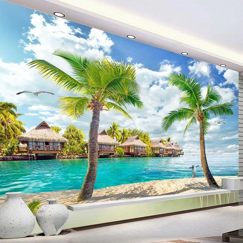 

Custom Mural Wallpaper 3D Stereo Sea View Coconut Tree Landscape Painting Fresco Living Room Background Wall Papel De Parede 3 D