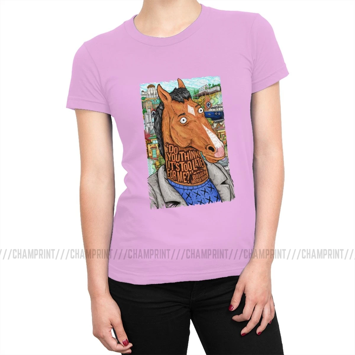 Женская футболка Bojack Horseman с забавным рисунком, эстетическая футболка с круглым вырезом, хлопковая уличная одежда размера плюс, женская одежда - Цвет: Розовый
