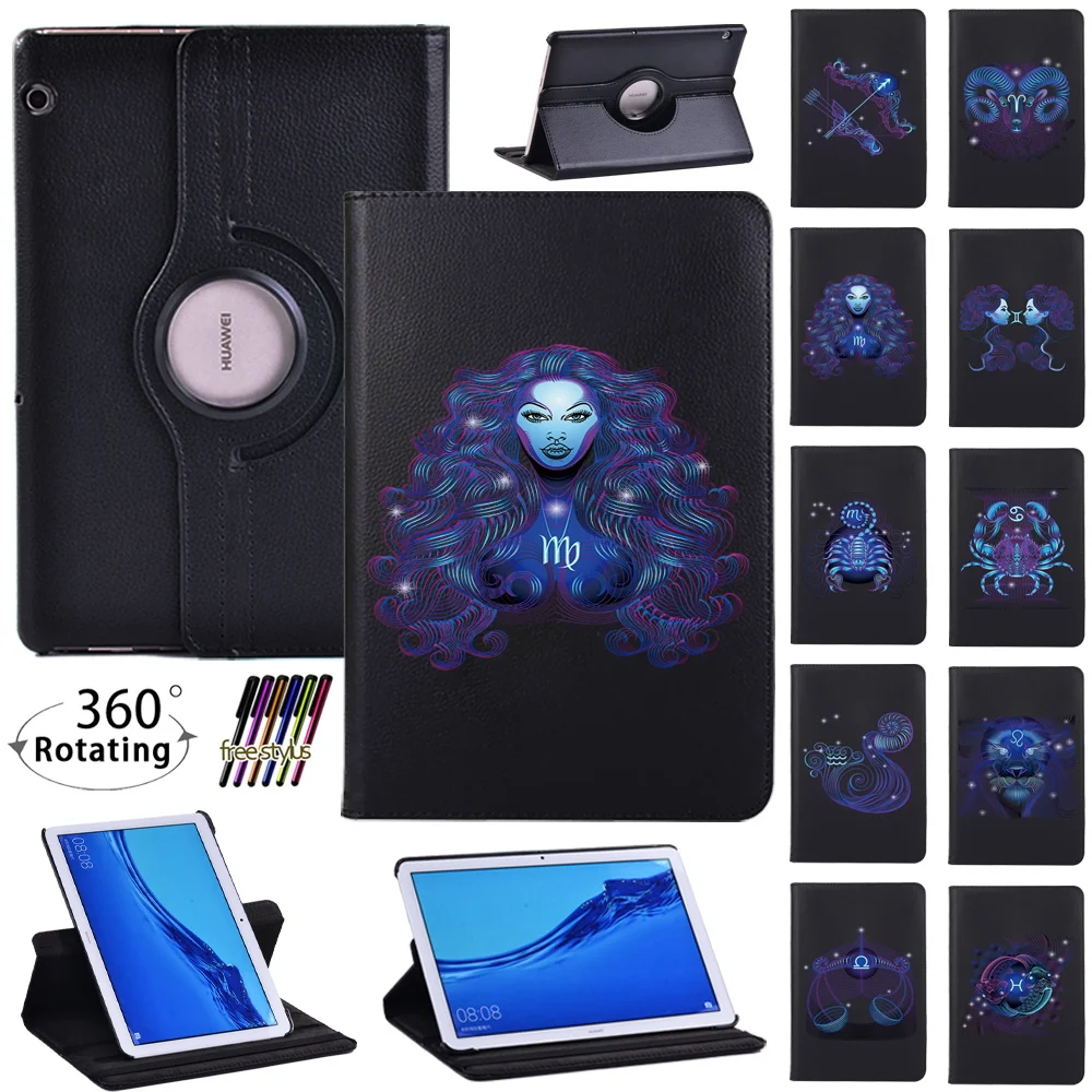 

360 Rotating Flip Stand Leather Cover for Huawei MediaPad T3 10 9.6"/MediaPad T5 10 10.1 Inch Tablet Case + Film Pen