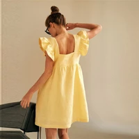 casual square collar butterfly sleeve mini sweet dress woman backless high waist loose linen solid dress 2021 summer