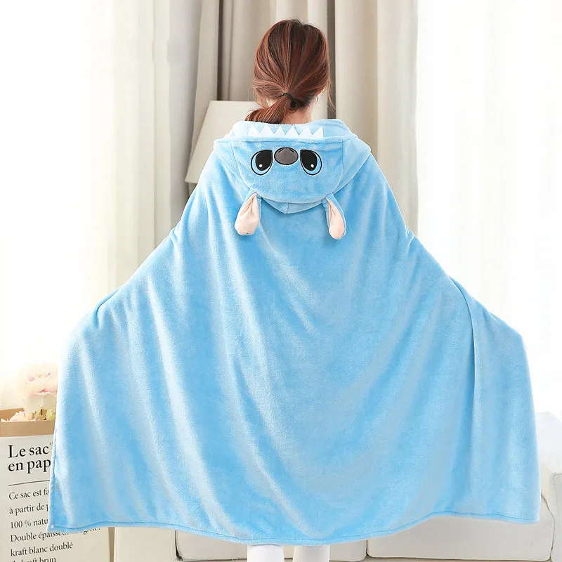 Lilo and Stitch Coral Fleece Fabric Blanket with Hooded Cute Cartoon Cosplay Cloak Cape Warm Wearable Throw Blanket for Sofa