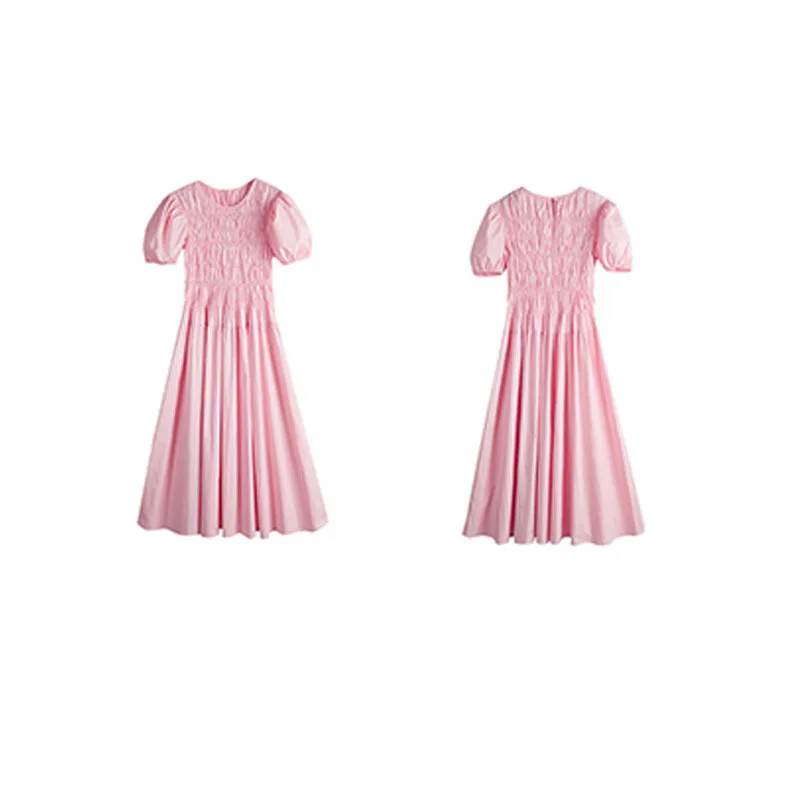 

Fashion Korean Midi Dress For Women O-Neck Short Puff Sleeve Folds High Waist Tunic Loose Elegant Dresses Female Summer New 2021