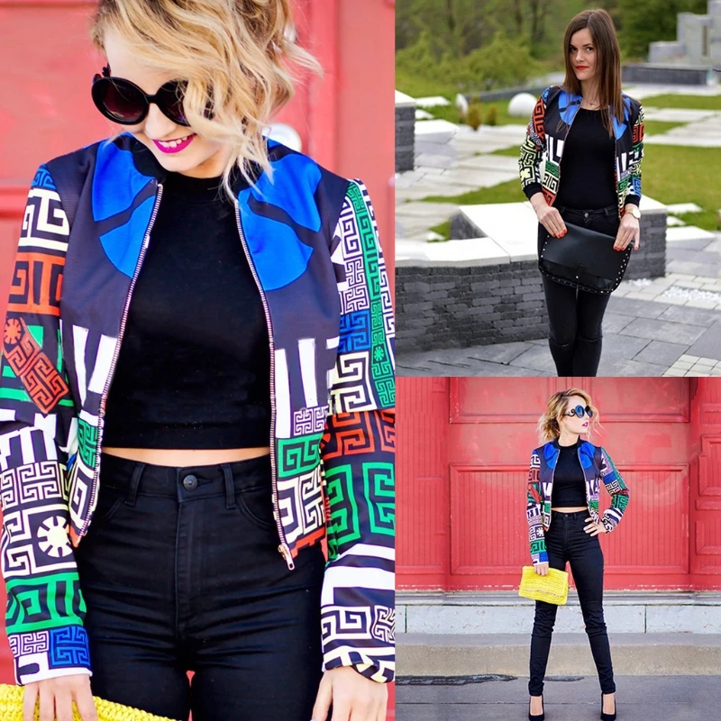 

2021 Women Long Sleeve Short Bomber Jacket Colorful Geometric Patterns Zip Up Baseball Coat Stand Collar Slim Cropped Outwear