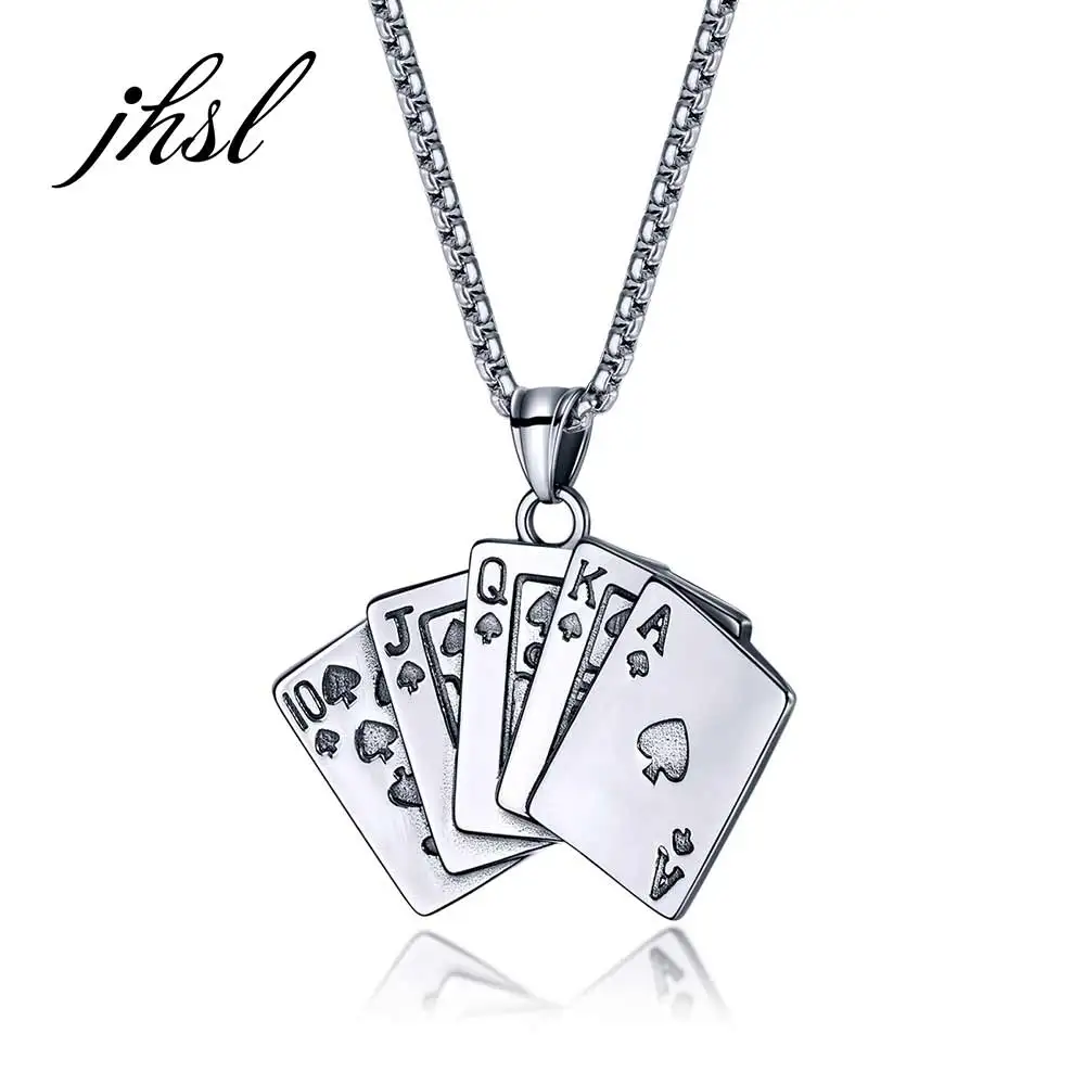 

JHSL Men Statement Poker Pendant Necklace Silver Color Stainless Steel Fashion Jewelry Gift Wholesale Dropship
