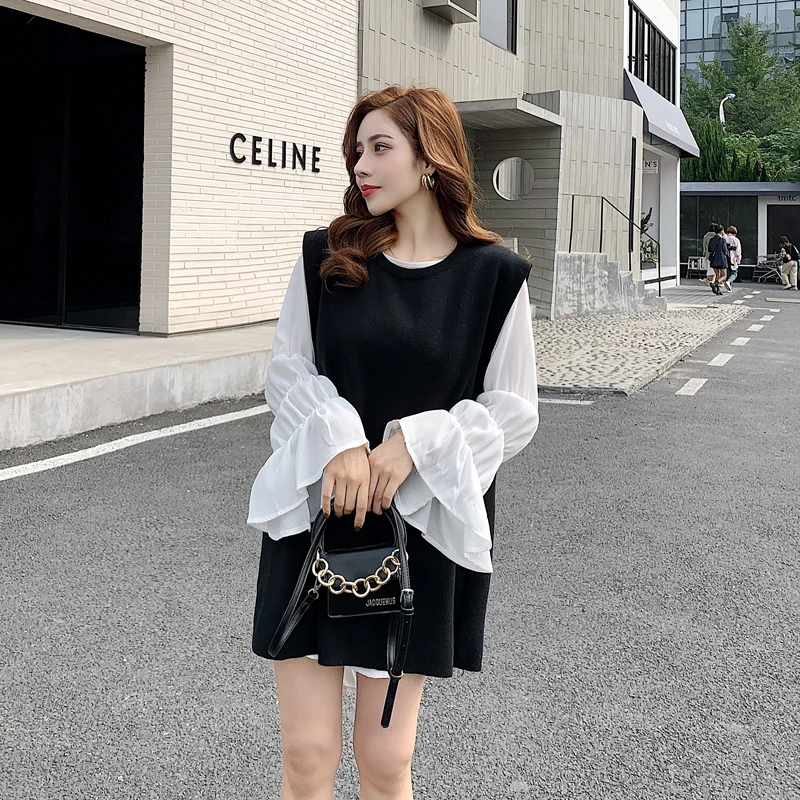 Женский офисный костюм-двойка осенняя рубашка с длинными расклешенными рукавами