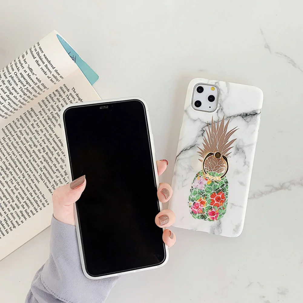 Gold Foil Silicone Holder Case for iPhone 7 8 Plus X XR 11 Pro Max Pineapple Texture TPU Cover 360 Finger Ring Shell Capa |