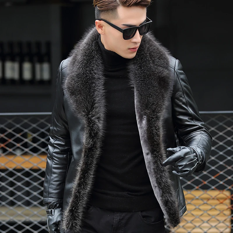 

2019 winter lambskin jacket for men Genuine leather coats thick animal fur collar plus size male jaqueta leather jackets for men