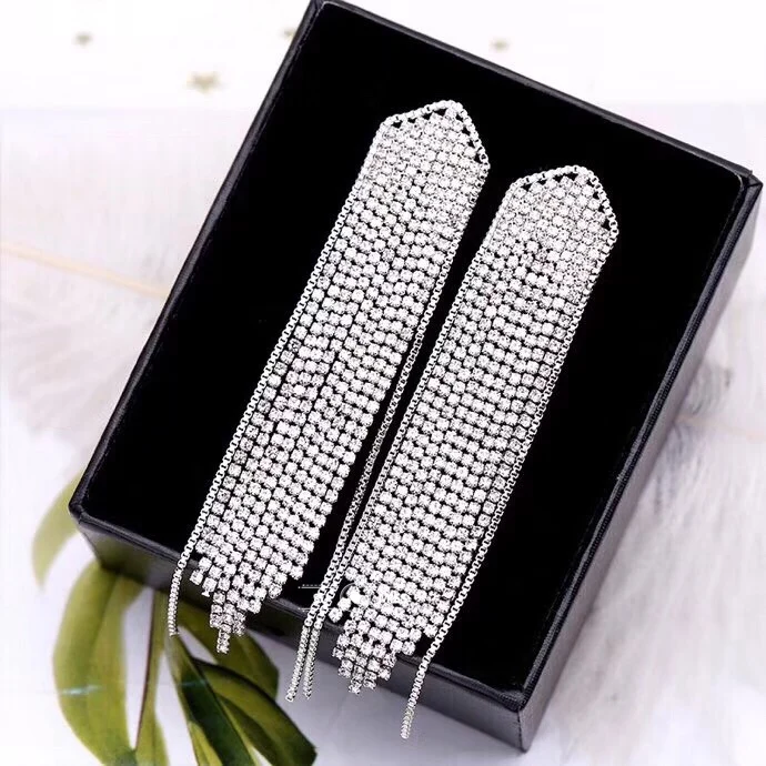 

Бесплатная доставка, длинные висячие серьги с кисточками для женщин, серебряные Висячие висячие серьги со стразами, свадебные ювелирные из...