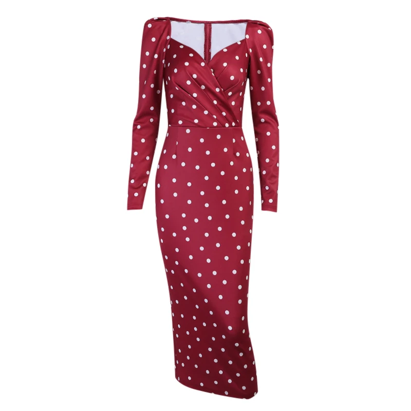 

Elegant Party Women Dress Mid V Neck Long Sleeve Pencil Dress Hight Waist Casual Office Lady Dots Print Puff Sleeve