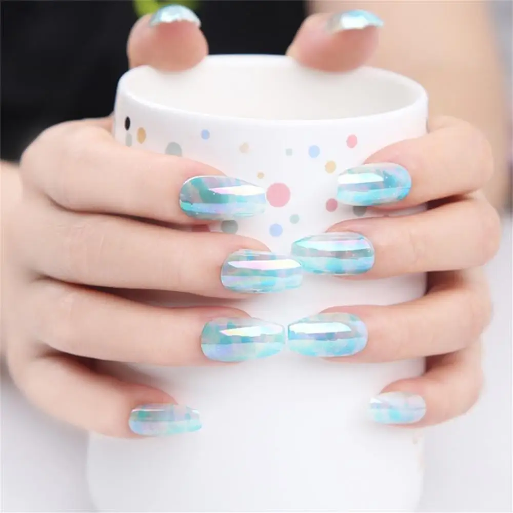 24 накладных ногтей стилетто в коробке, хромированные кончики ногтей, металлические ложные искусства, маникюр в зеркальном стиле.