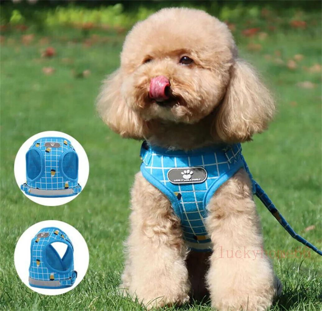 

Dog Harness with Leash Adjustable Vest Walking Supplies Soft Breathable Plaid Collar Pet Accessories for Small Medidum Large Dog