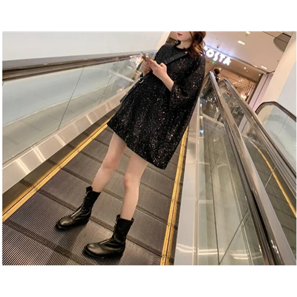 New mid-length sequins net red shiny sparkling loose women's dress | Женская одежда