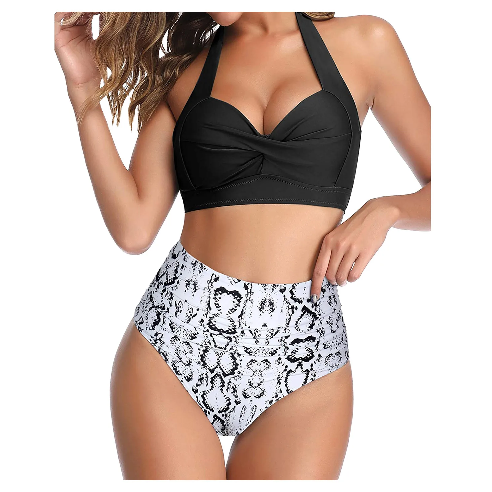Бикини пуш-ап женское с завышенной талией и принтом |