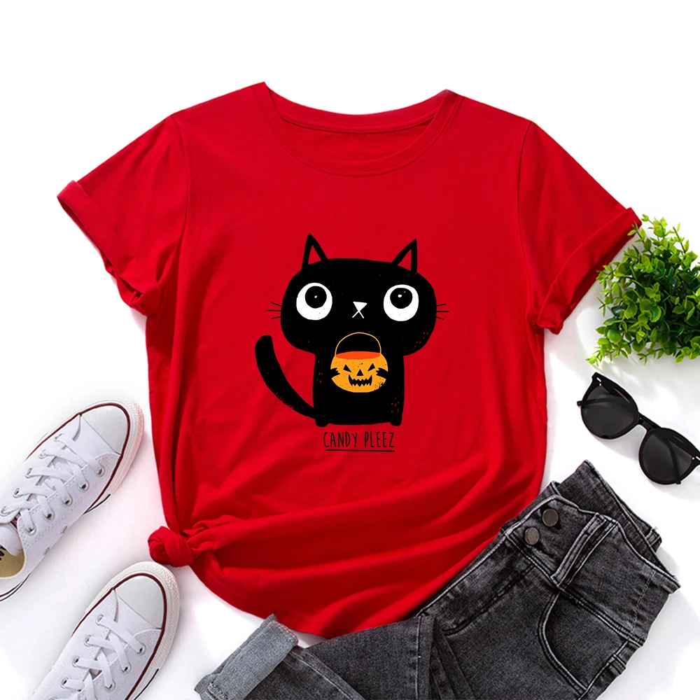 Женская хлопковая футболка с коротким рукавом яркая Футболка принтом кошки на