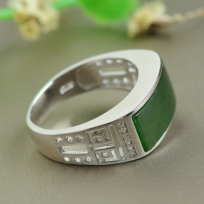 Хе Тиан Ю мужское кольцо Серебряно инкрустированное нефритовое натуральное с