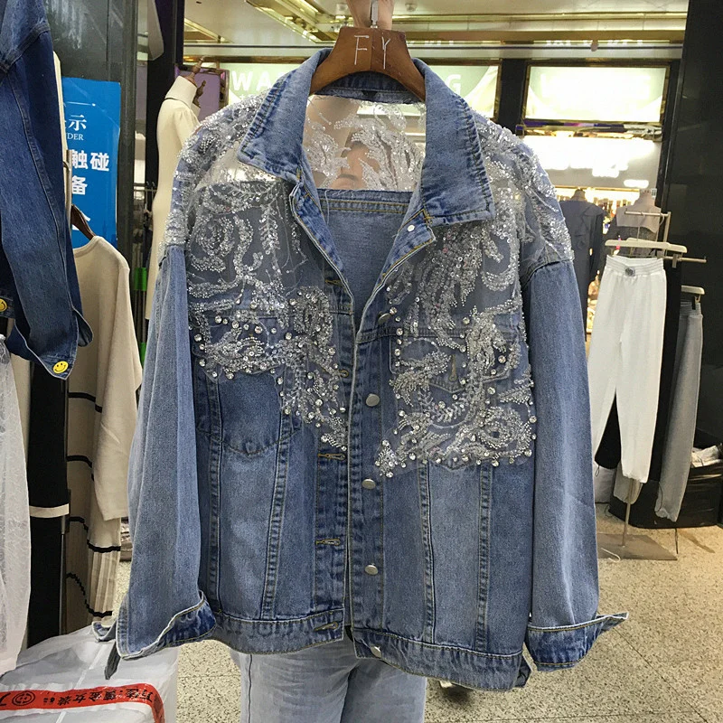 

Spring Autumn 2022 Vintage Lace Patchwork Diamond Sequin Denim Coat Casual Single-breasted Long Sleeve Loose Jeans Jacket Female
