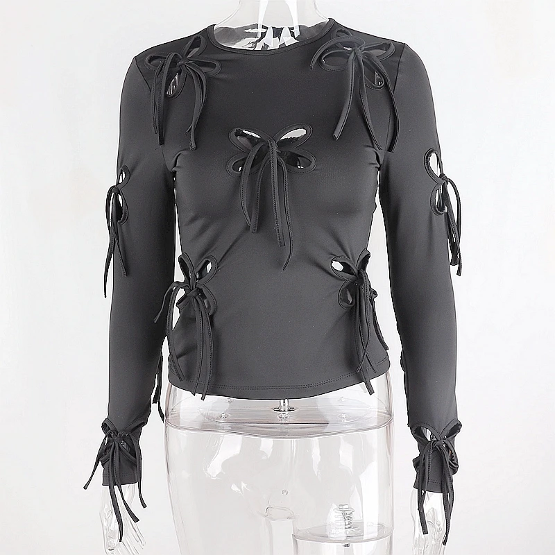 

Gothic Tees Punk Y2K Tops New Aesthetics Butterfly Bandage Long Sleeve T-shirts Vintage E-girl Hollow Out O-neck Black Crop Tops