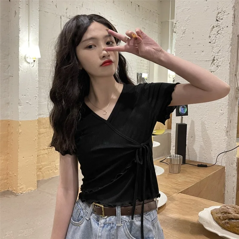 

Summer 2021 New Short Design Sense Wave Edge Lace-up T-shirt White Short-Sleeve Top Female Ins Fashion