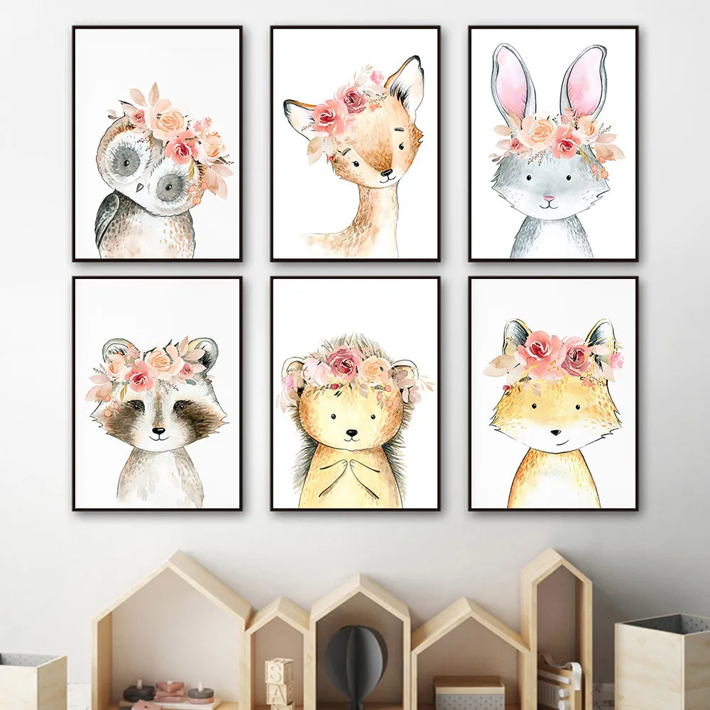 

Nordic Poster Owl Rabbit Deer Raccoon Canvas Art Painting Nursery Painting Children's Bedroom Wall Hanging Picture Frameless