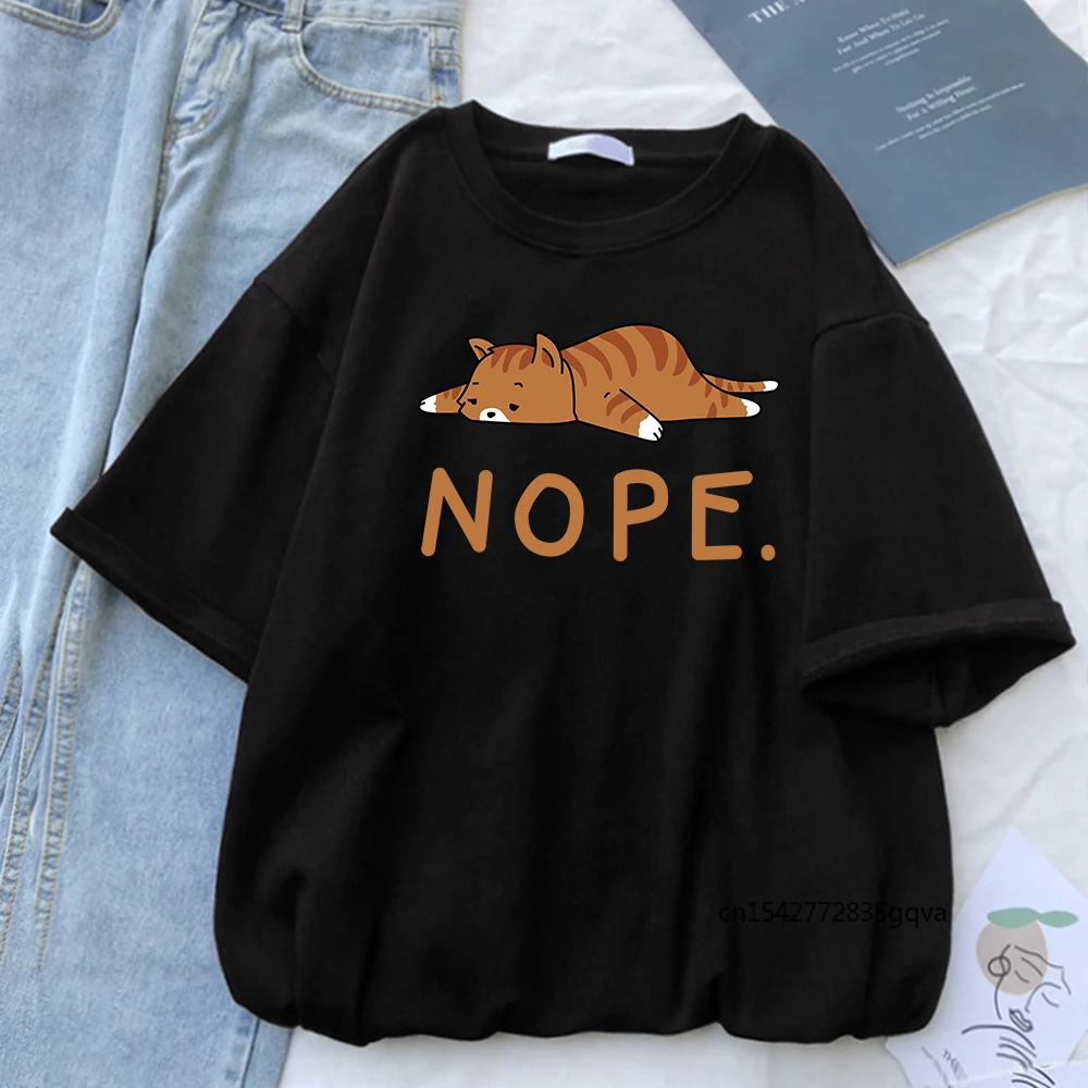 

Nope Cat Cartoon Funny Print Shirt Women Short Sleeve Oversize Skin Friendly T Shirts Women High Quality Hip Hop Tees for Women
