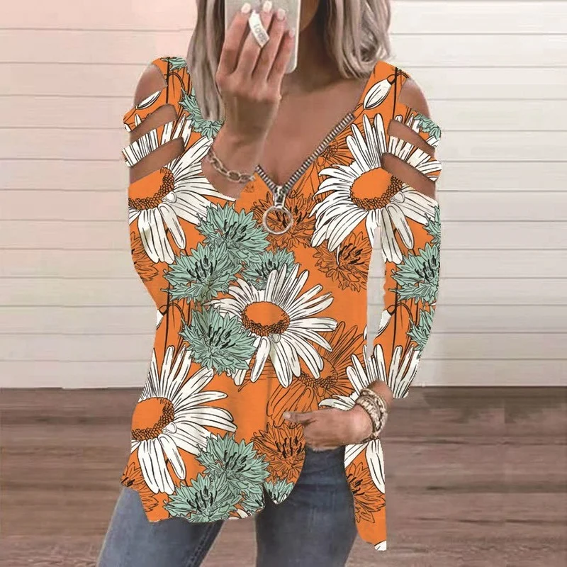 

2021 Autumn Spring T Shirts Women's V-neck Zipper Print Long Sleeve Loose T-shirt Female Streetwear Tees Hollow Shoulder Tops