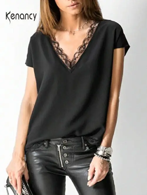 Женские блузки с v образным вырезом Kenancy однотонные кружевные лоскутные коротким