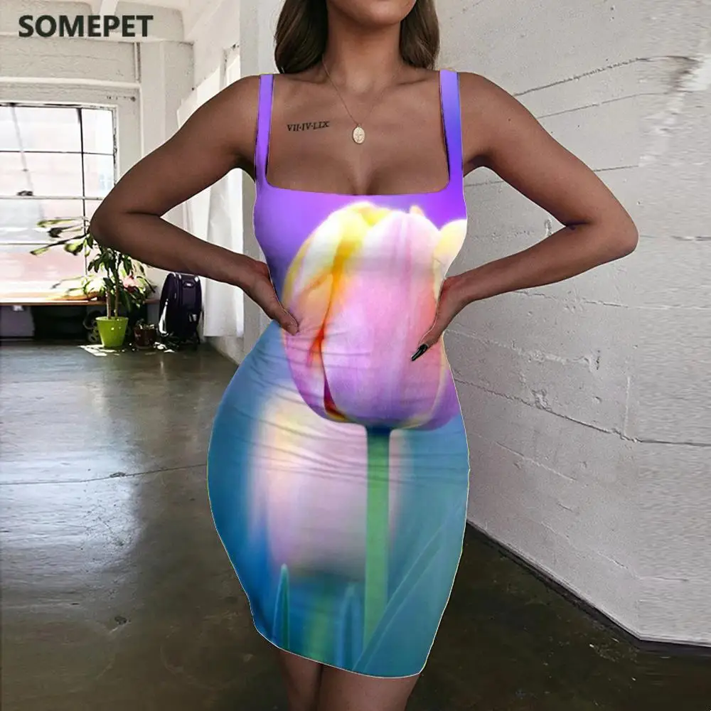 Женское платье Тюльпан с цветочным принтом без рукавов|Женские платья| |