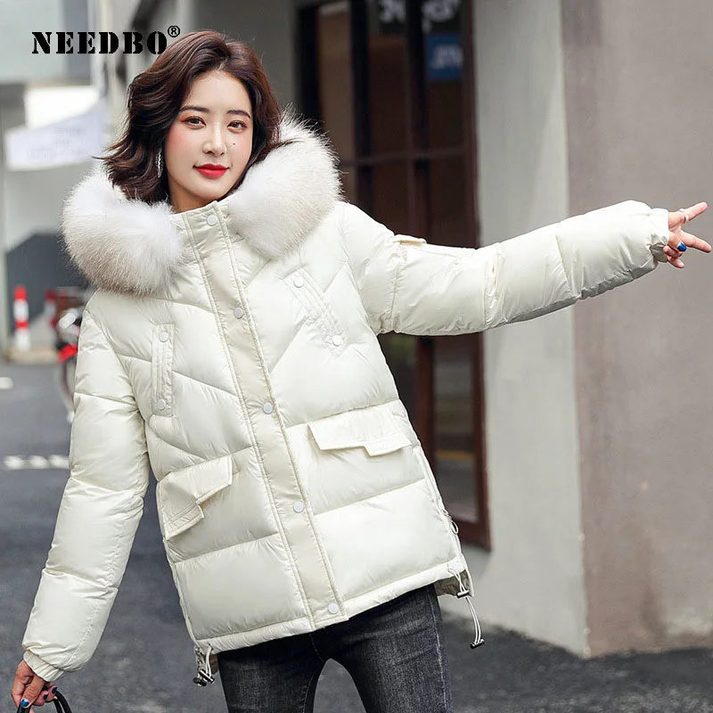 NEEDBO Winter Coat Women Puffer Jacket Hooded Cotton-Padded Short Woman Parkas Fur Collar Solid Color Loose Winter Clothes