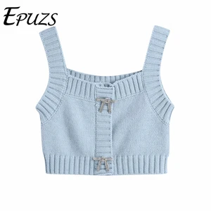 Женский укороченный топ на пуговицах, синий Повседневный свободный свитер с узким рукавом, весна 2021