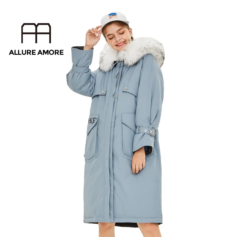 Allure Amore, зимняя женская куртка, средней длины, уплотненная, теплая, с хлопковой подкладкой, пуховик, пальто, меховой воротник, куртка с капюшоном для девочки