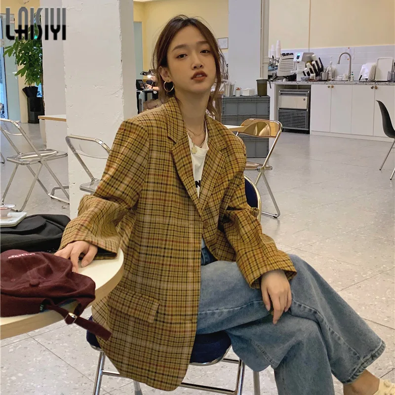 

Женский клетчатый костюм, куртка оверсайз свободного кроя с длинным рукавом, темпераментный Топ, повседневный двубортный костюм с поясом, Ж...