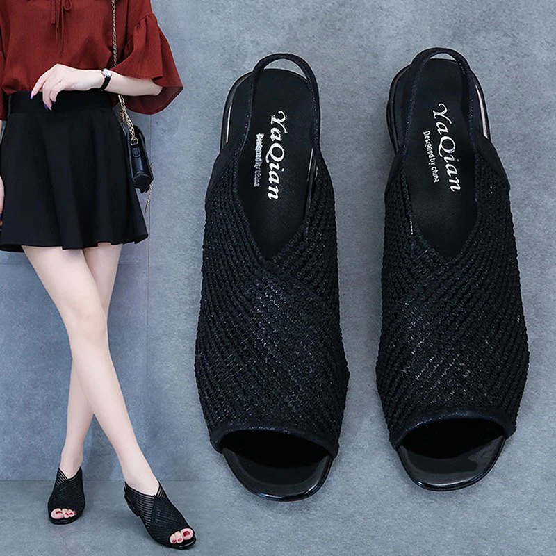 

Thick-heeled Women's Sandals 2021 Summer European American Sets Of Feet Fish Mouth Mesh Breathable Sandal Female Plus Size Shoes