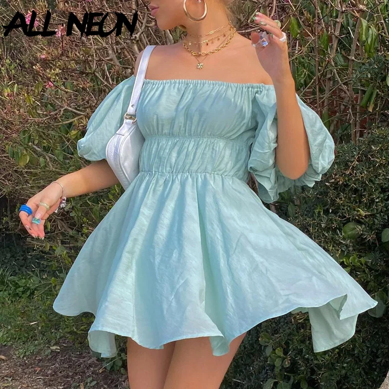 

ALLNeon Vintage Y2K Green Ruched Puff Sleeve Mini Dresses Summer 90s Aesthetics A-line Off Shoulder Milk Maid Chiffon Dress Chic