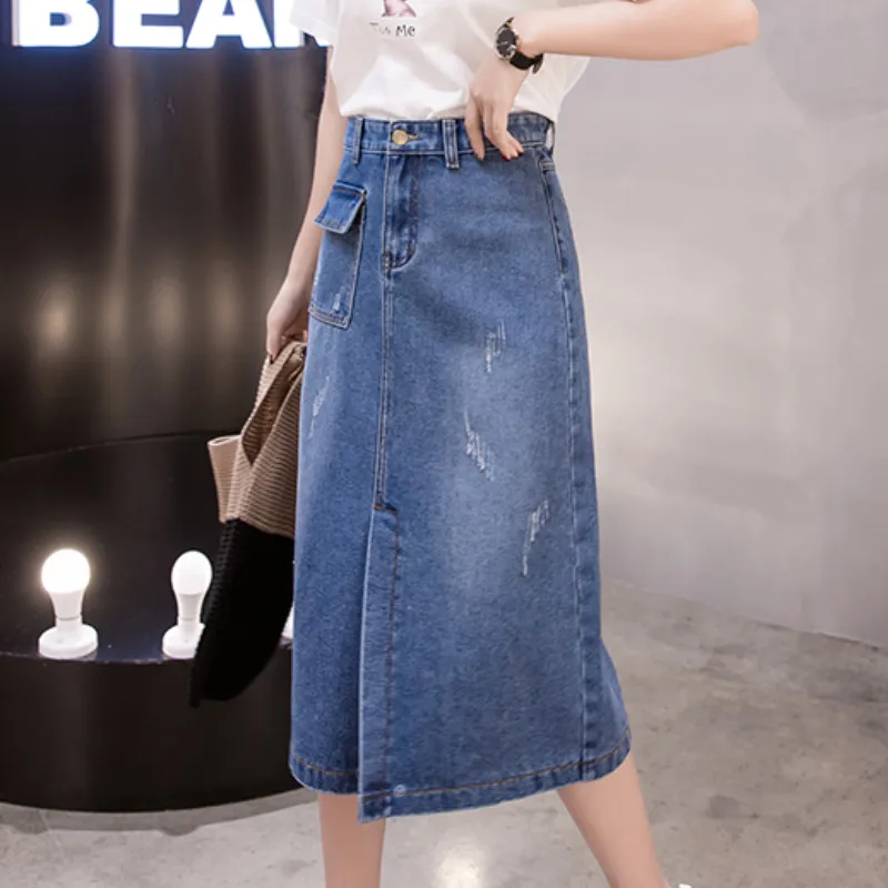 Женская джинсовая юбка ниже колена с разрезом | одежда