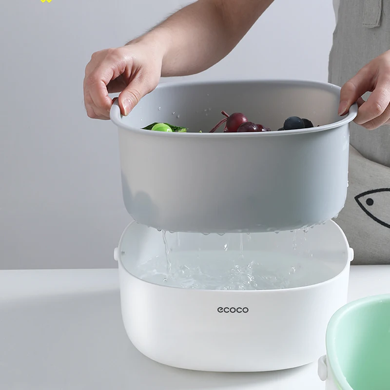 ECOCO Portable Double Drain Basket Bowl Washing Kitchen Strainer Noodle Vegetable Fruit Cleaning Colander Tool | Дом и сад