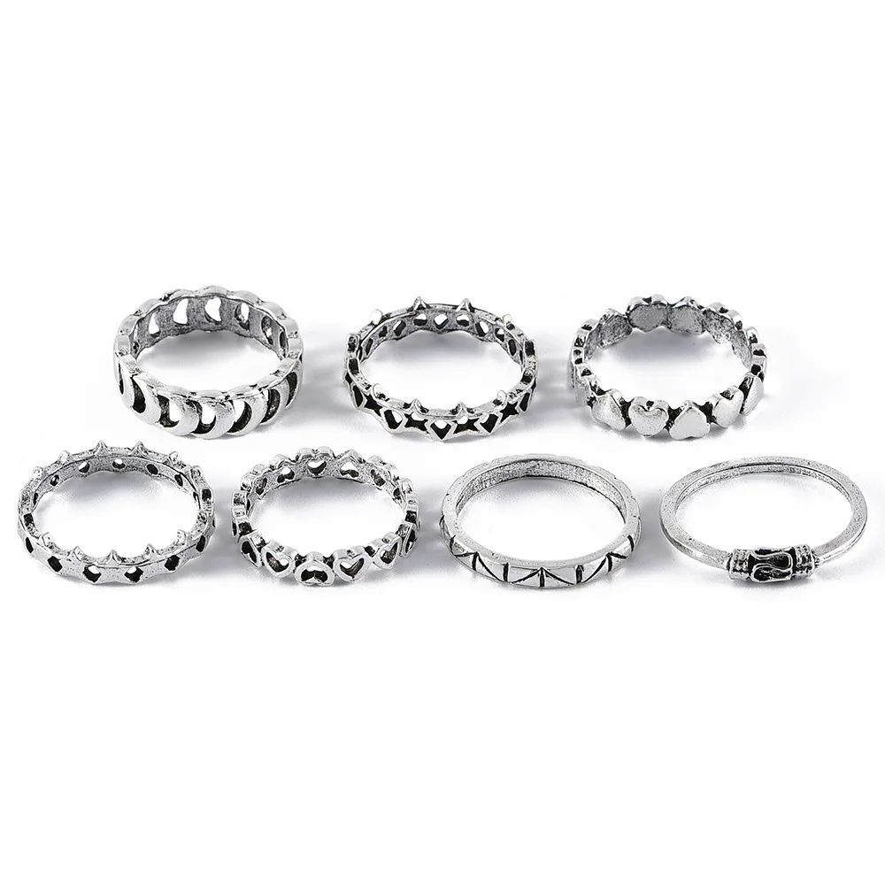 ALYXUY 7Pcs/Set Vintage Moon Stars Heart Rings For Women Girls Ethnic Geometric Finger Ring Set Knuckle Fashion Jewelry - купить по
