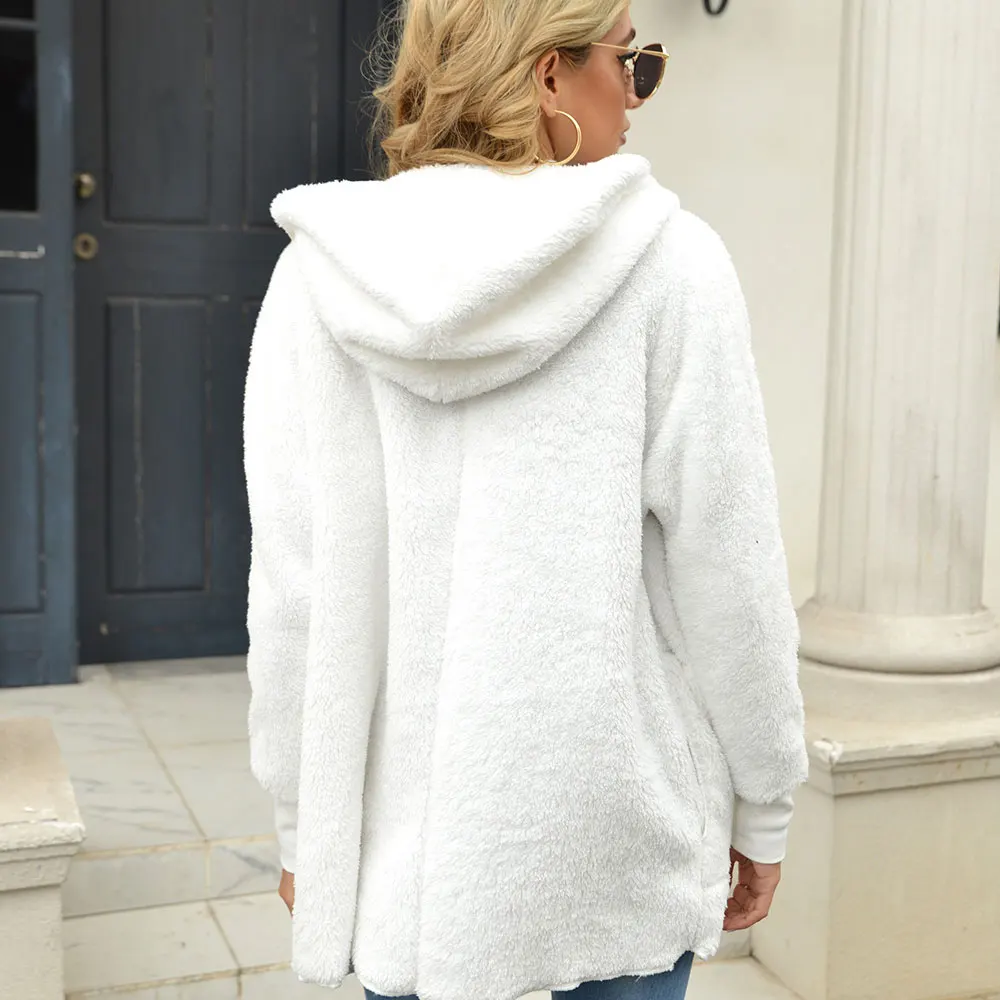 

Women's Winter Warm Plush Long Hooded Fur Cardigan Jacket Solid Color Long Sleeve Thick Fashion Big Pocket Design Coat 2020