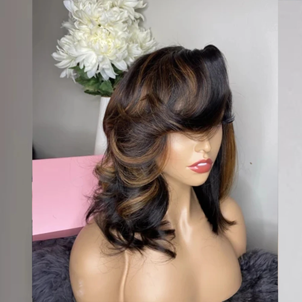 

Медовый светлый цвет кружевной передний парик из человеческих волос 150% плотность с боковой челкой короткий волнистый боб парик бразильски...