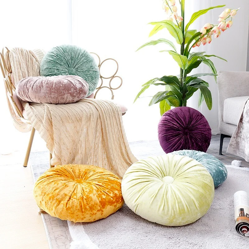 

European Style Round Solid Cushion Pillow Pouf Seat Cushion Velvet Fabric Back Sofa Pillow Bed Comfortable Home Textile Pad