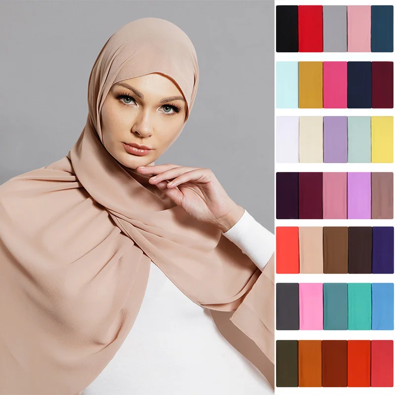 Women Chiffon Wrap Head Scarf 72*175cm Islamic Shawls Headband Ladies  Muslim Hijabs Turban Solid Color Headscarf Scarves Veil
