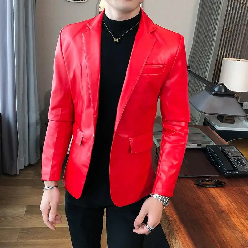 

Polyester PU Leather Casual Blazer with Single Button Closure, Flap Pockets, and Notch Lapel 2021New Fashion men Leather Blazers