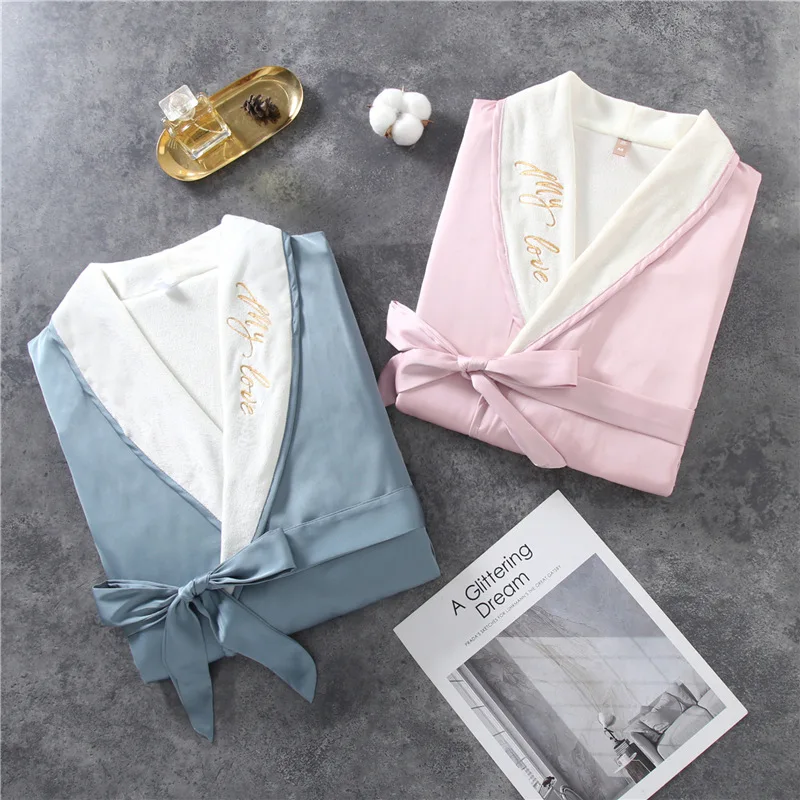 

Lovers Robe Satin Island Fleece Double Layer Kimono Bathrobe Gown Autumn Winter Warm Sleepwear Nightgown Loose Homewear
